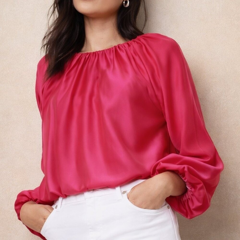 Banana Republic New Dragonfruit Pink Puff Blouson Sleeve Shirred Blouse SZ Large